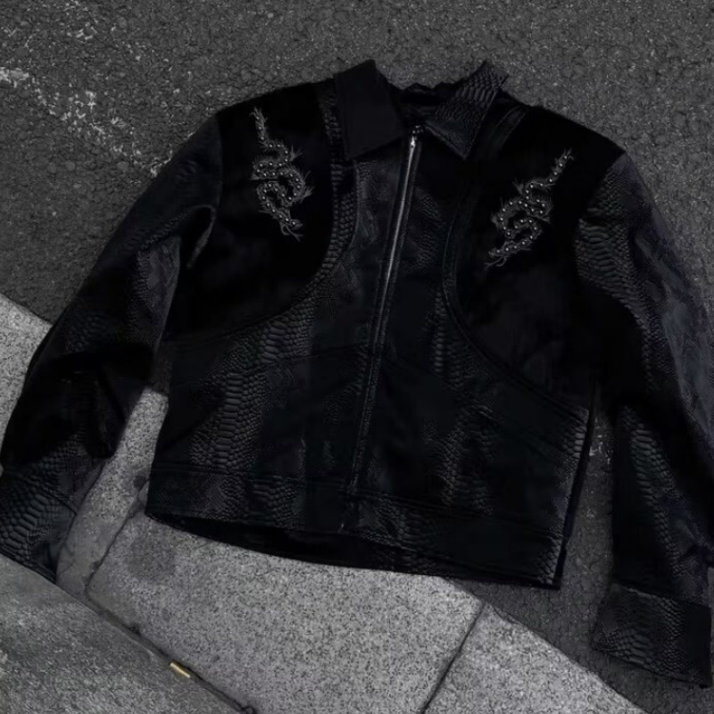 Men Black Snake Embossed Jacke - Embroidery Gothic ulasan dan harga